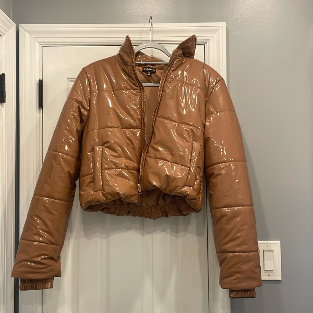 Brown faux leather jacket with outside pockets